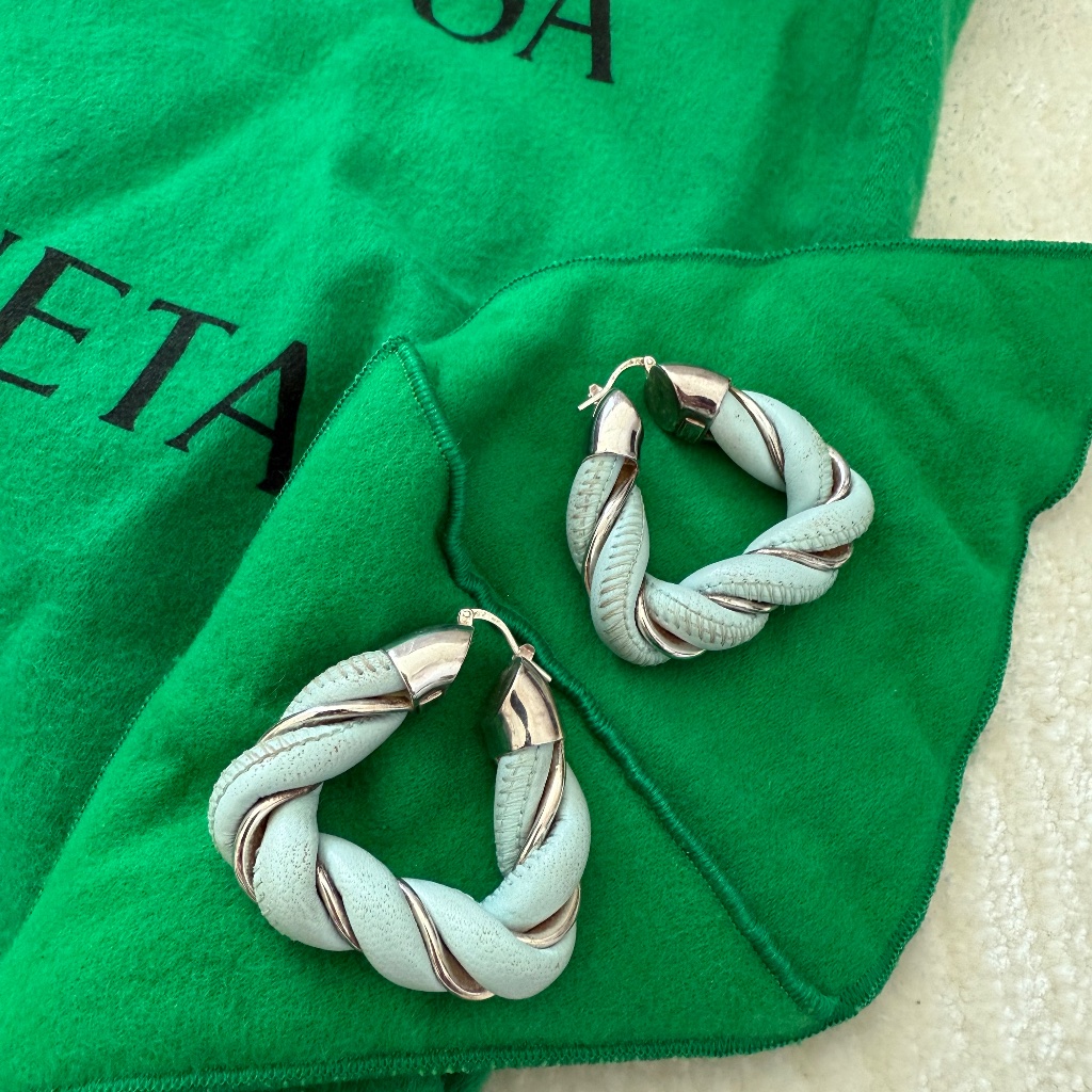 Bottega Veneta Twist Triangle Leather-Trimmed Sterling Silver Earrings 275$
